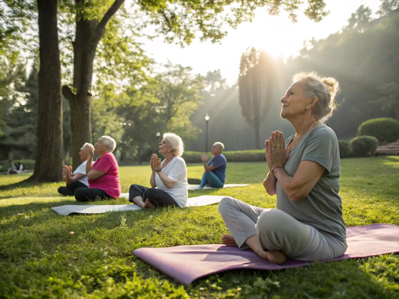 A serene image of seniors participating in a gentle yoga class in a park, highlighting the accessibility and health benefits of the program.