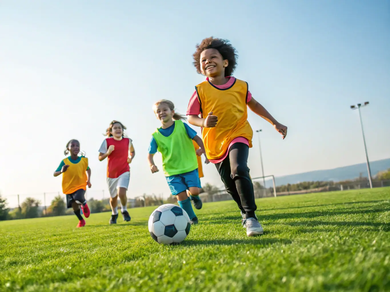 A vibrant image of children participating in a soccer clinic, showcasing teamwork and active engagement, set against a backdrop of a sunny sports field.