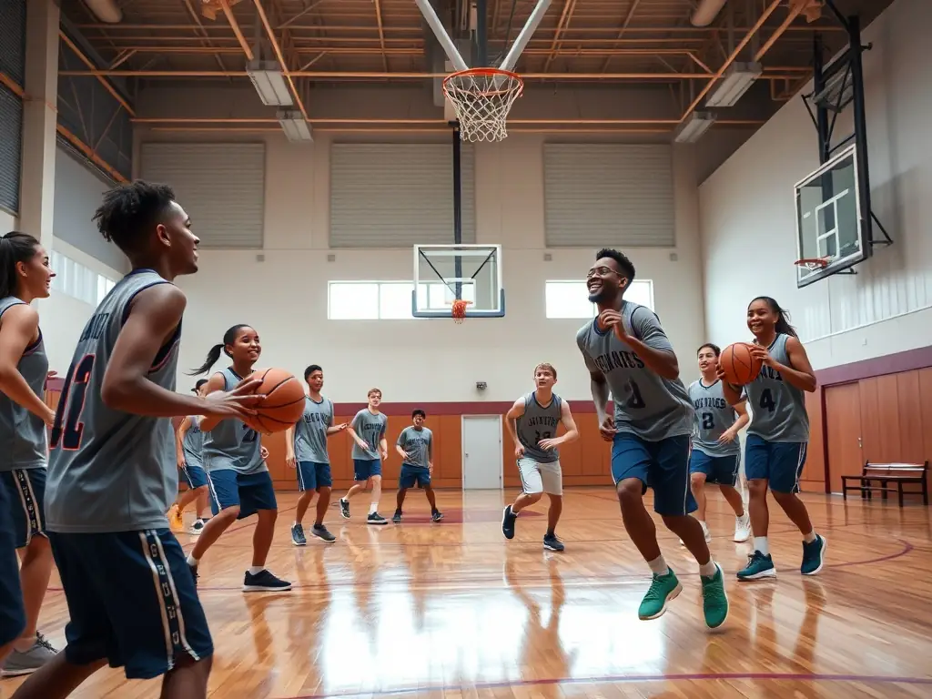 A diverse group of children laughing and playing basketball together in a modern indoor sports facility, symbolizing inclusivity and community engagement.