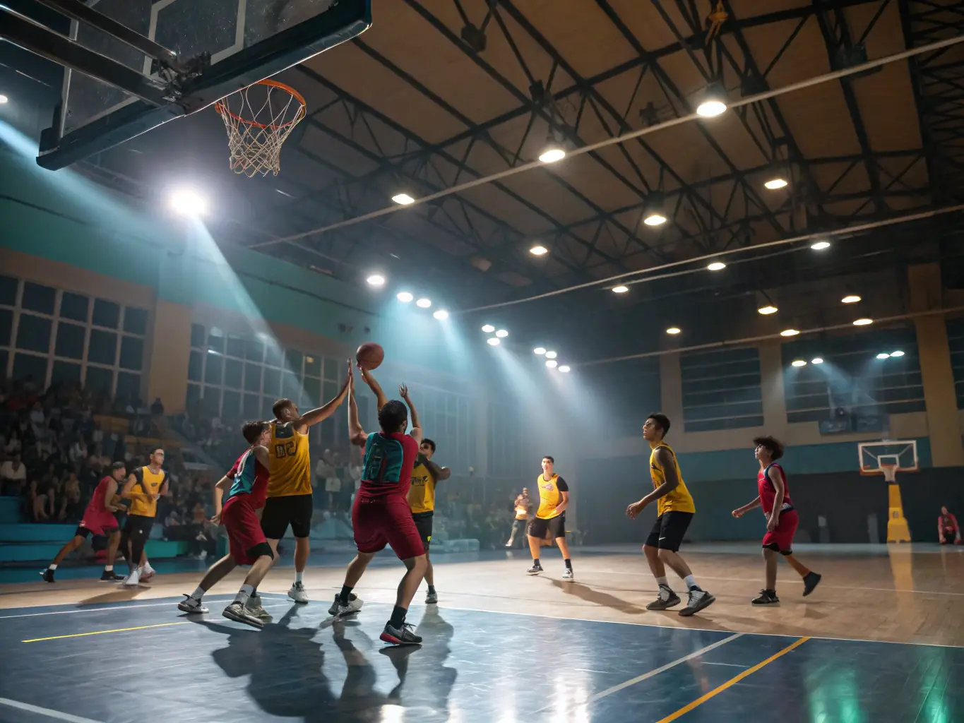 A dynamic image of adults playing basketball in an indoor court, emphasizing the energy and camaraderie of the sport.