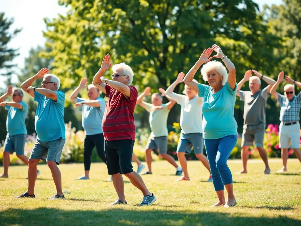 A group of senior citizens participating in a gentle exercise class in a park, emphasizing the importance of senior wellness and active aging.