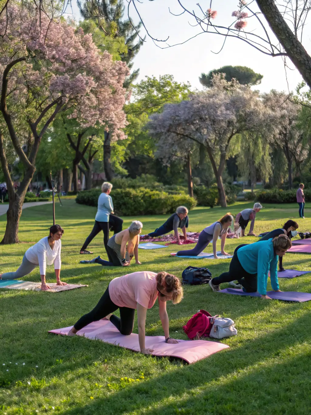 A group of seniors participating in a gentle yoga class at EXTENSION, emphasizing the importance of senior wellness and active aging.