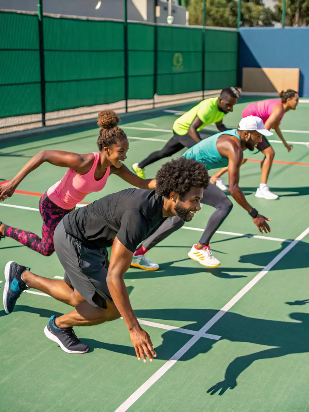 Participants in a tennis clinic, demonstrating proper technique and enjoying the outdoor facilities at EXTENSION.