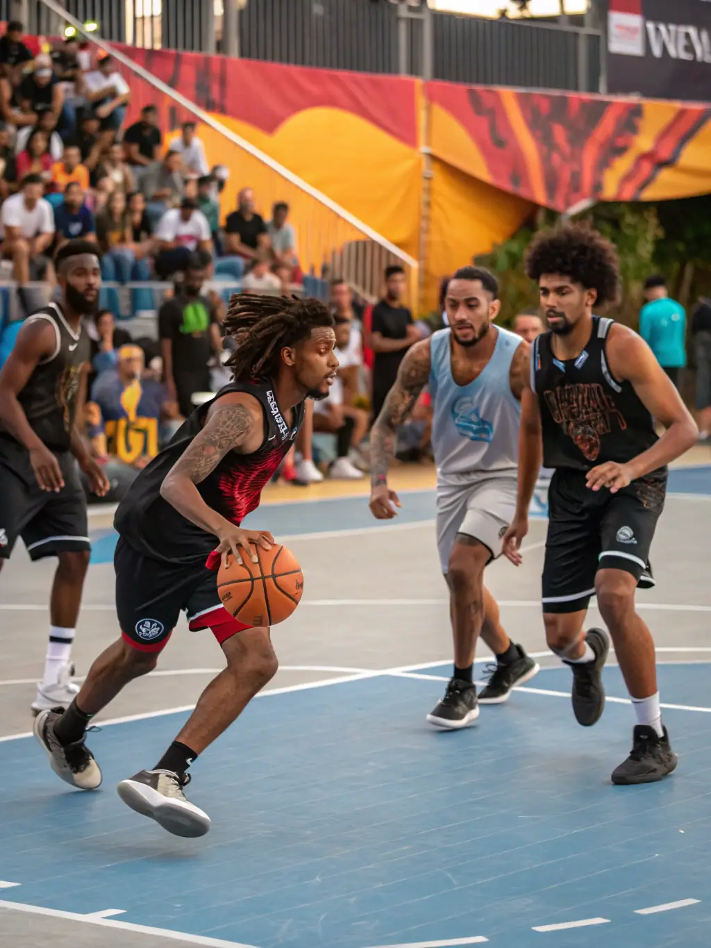 A dynamic shot of a basketball game in progress, capturing the energy and teamwork of the players in EXTENSION's youth basketball league.
